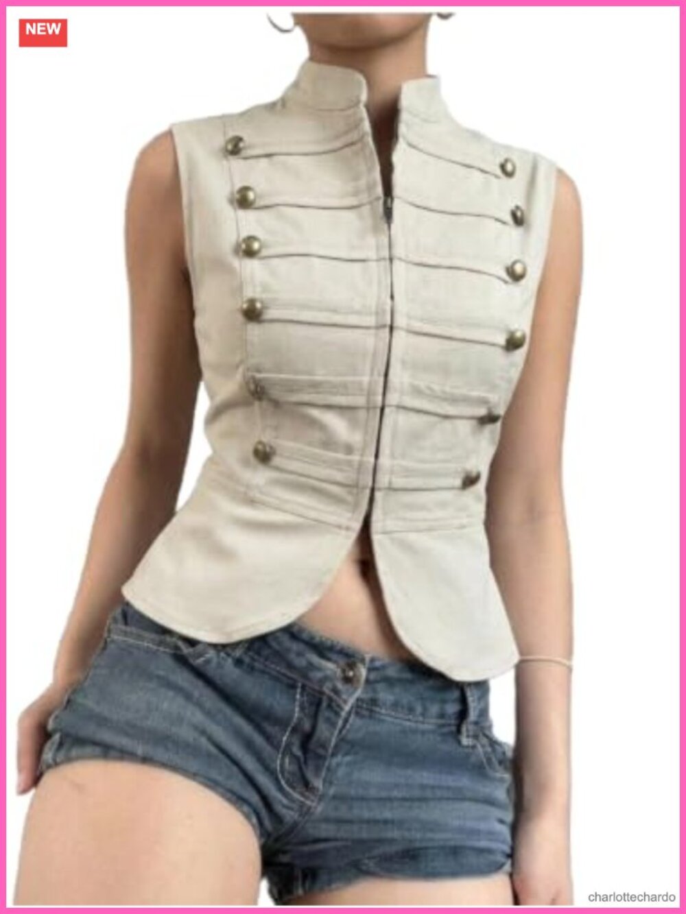 Women's Sleeveless Crop Vest Button Zip Mock Neck Military Y2K